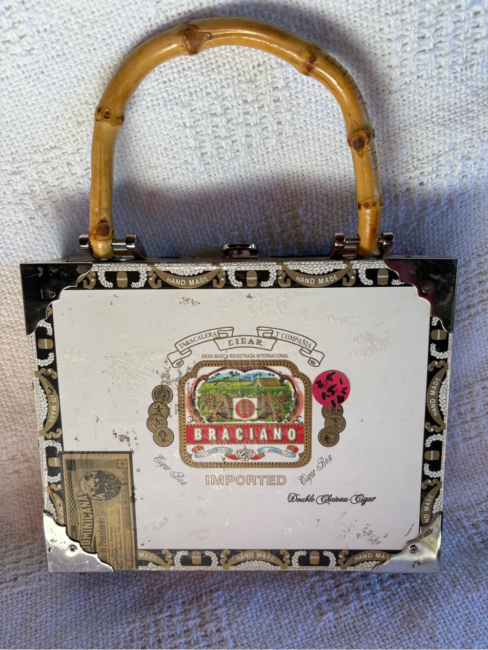 Vintage Cigar Box Purse Piano Bamboo Handle Handmade